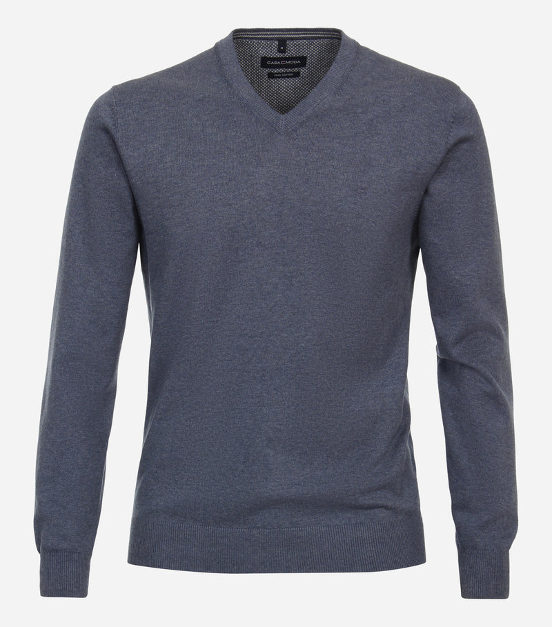 Pull coton col V bleu