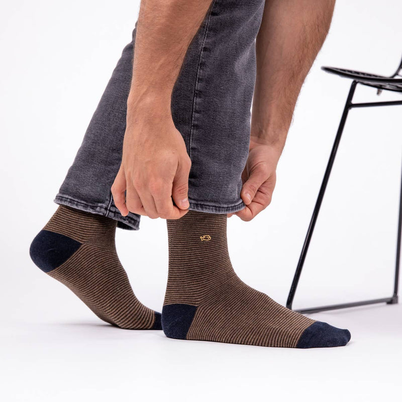 Chaussettes en coton peigné Rayées - Hazelnut