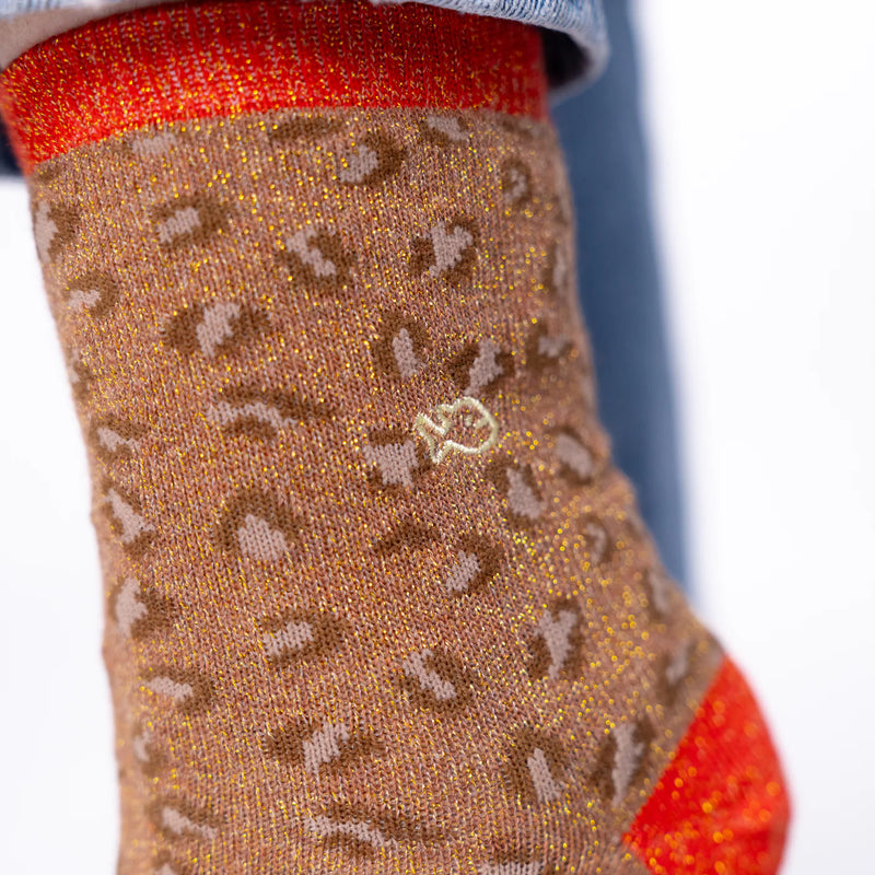Chaussettes coton pailletées Léopard marron